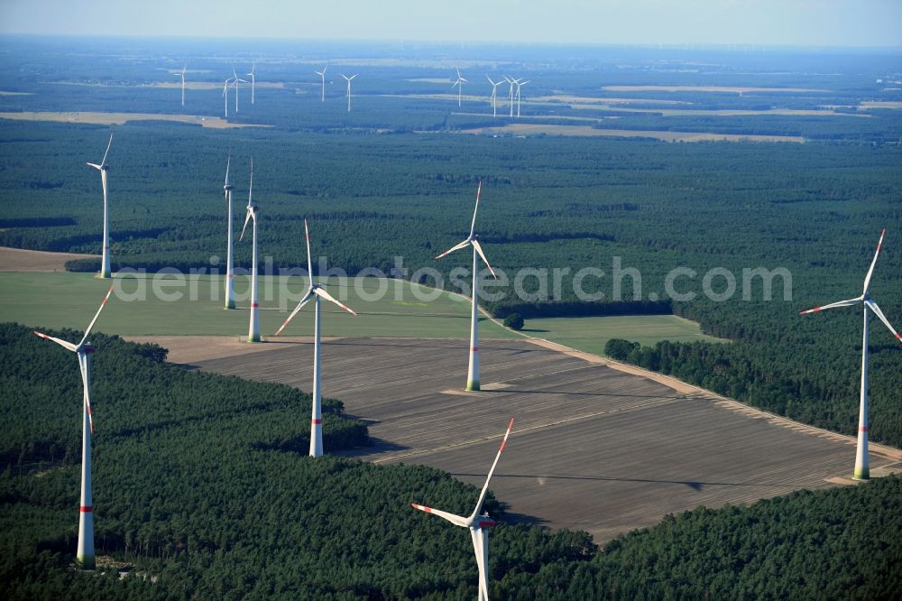 Danna from the bird's eye view: Wind turbine windmills on a field in Danna in the state Brandenburg, Germany