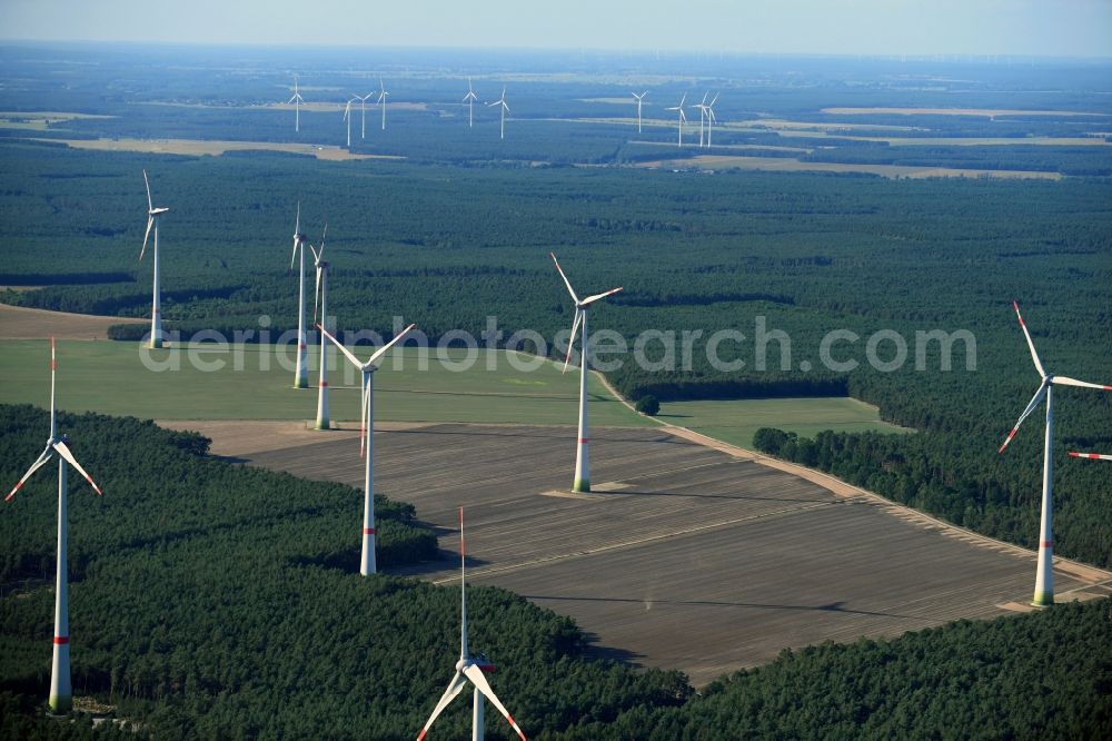 Aerial image Danna - Wind turbine windmills on a field in Danna in the state Brandenburg, Germany