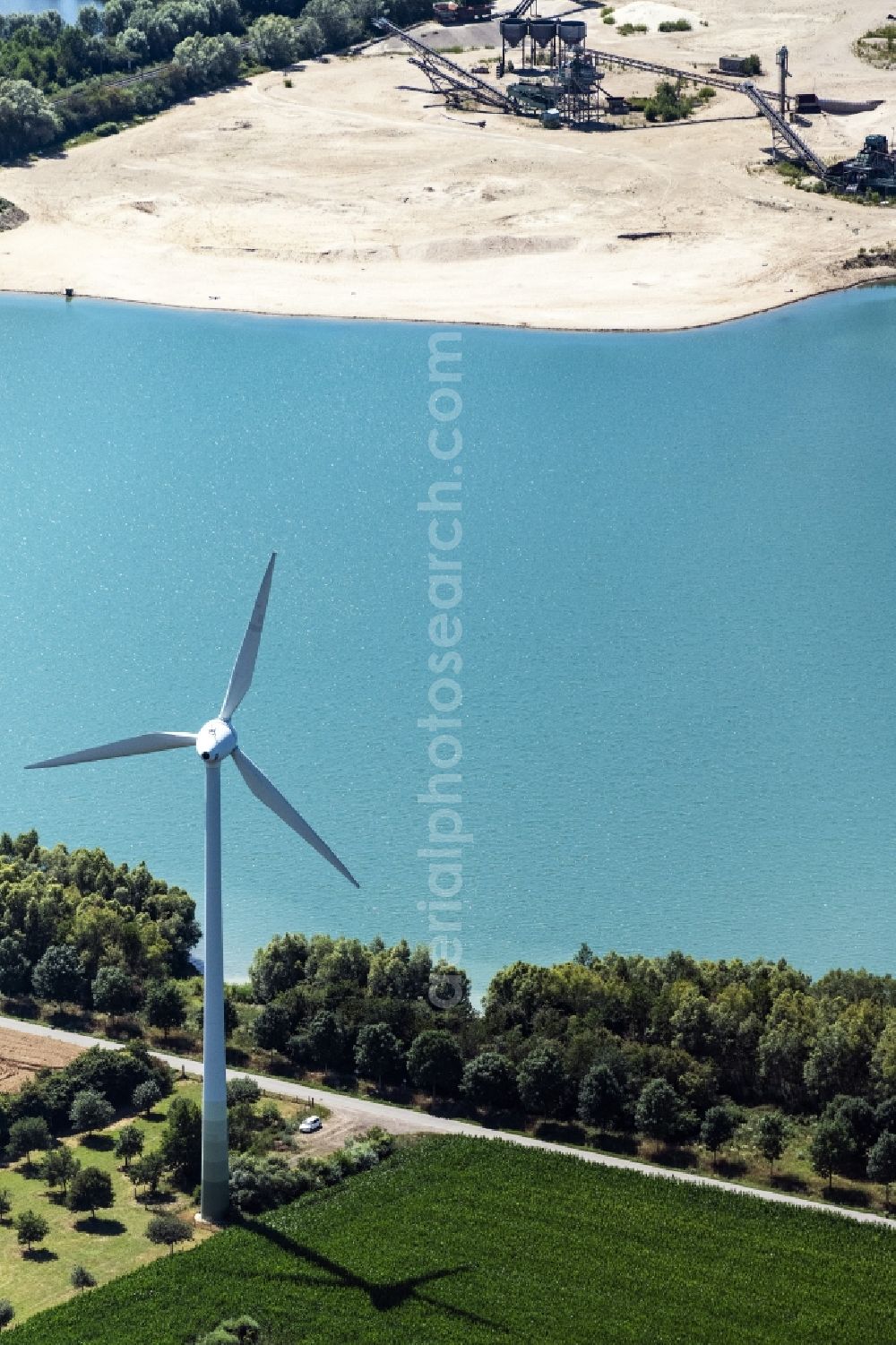 Emmerich am Rhein from above - Wind turbine windmills on a field in Emmerich am Rhein in the state North Rhine-Westphalia, Germany