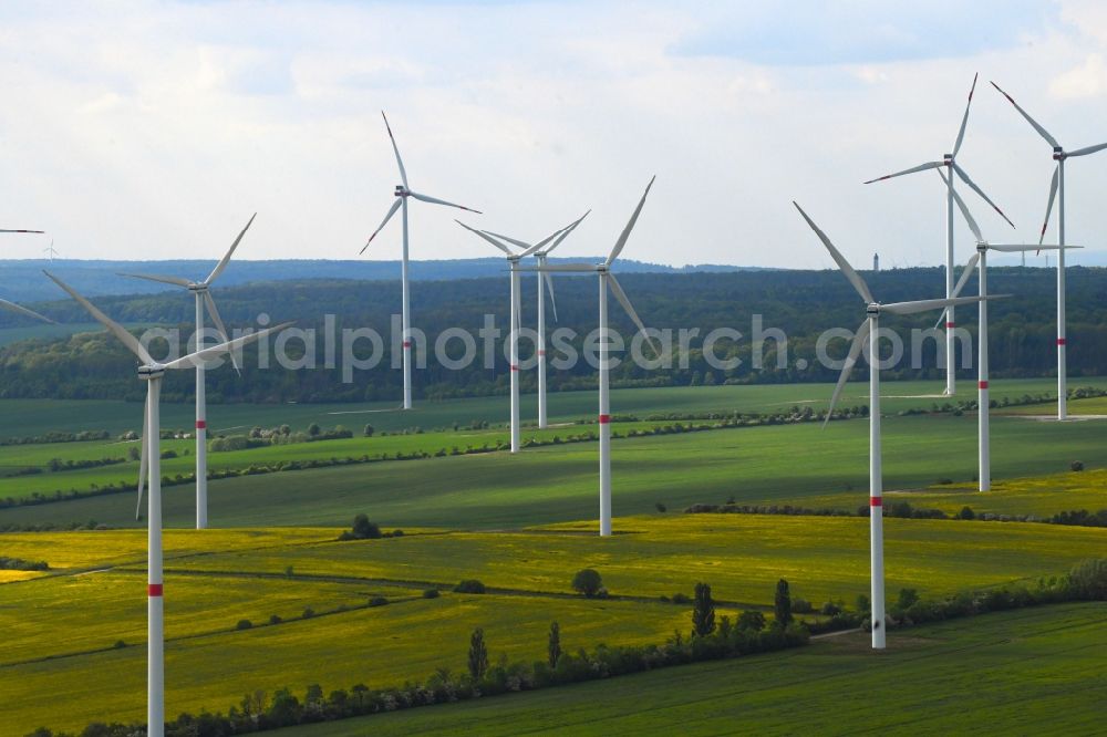 Großenehrich from above - Wind turbine windmills on a field in Grossenehrich in the state Thuringia, Germany