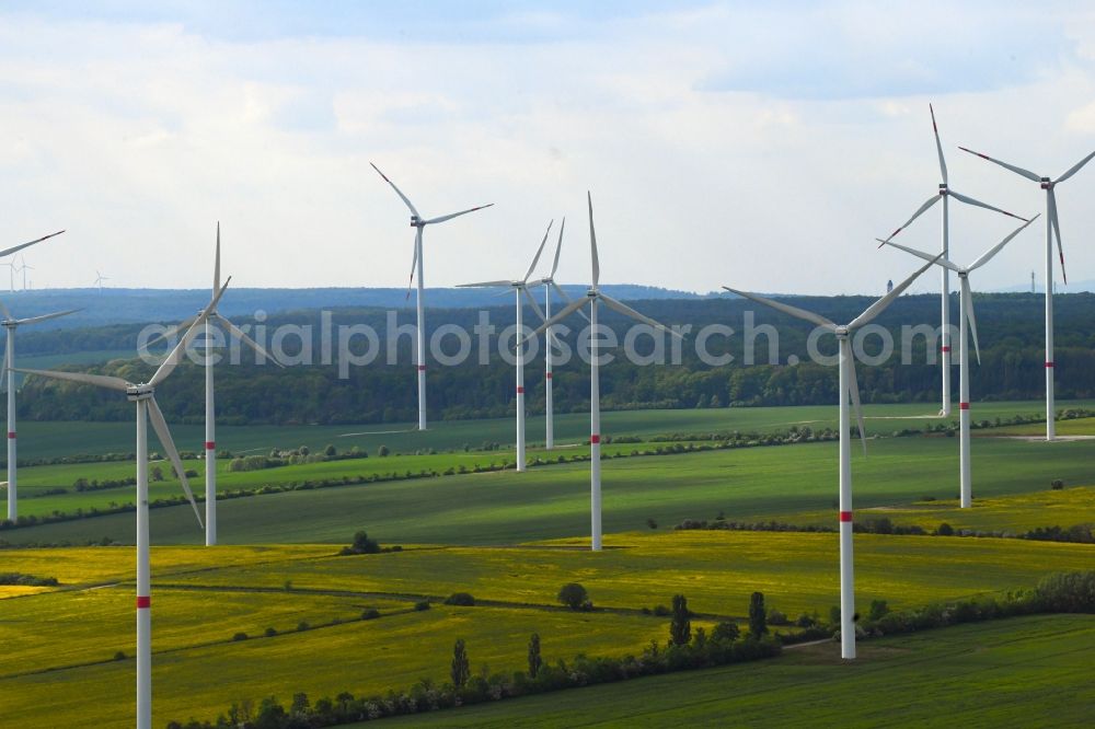 Großenehrich from the bird's eye view: Wind turbine windmills on a field in Grossenehrich in the state Thuringia, Germany