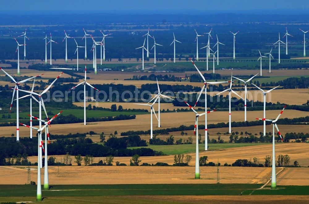 Aerial image Ketzin - Wind turbine windmills on a field in Ketzin in the state Brandenburg, Germany