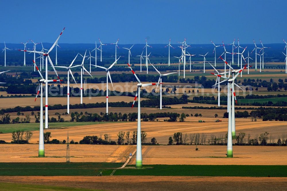 Aerial photograph Ketzin - Wind turbine windmills on a field in Ketzin in the state Brandenburg, Germany