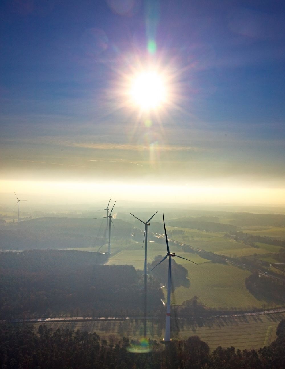 Aerial image Lavesum - Wind turbine windmills on a field in Lavesum in the state North Rhine-Westphalia, Germany