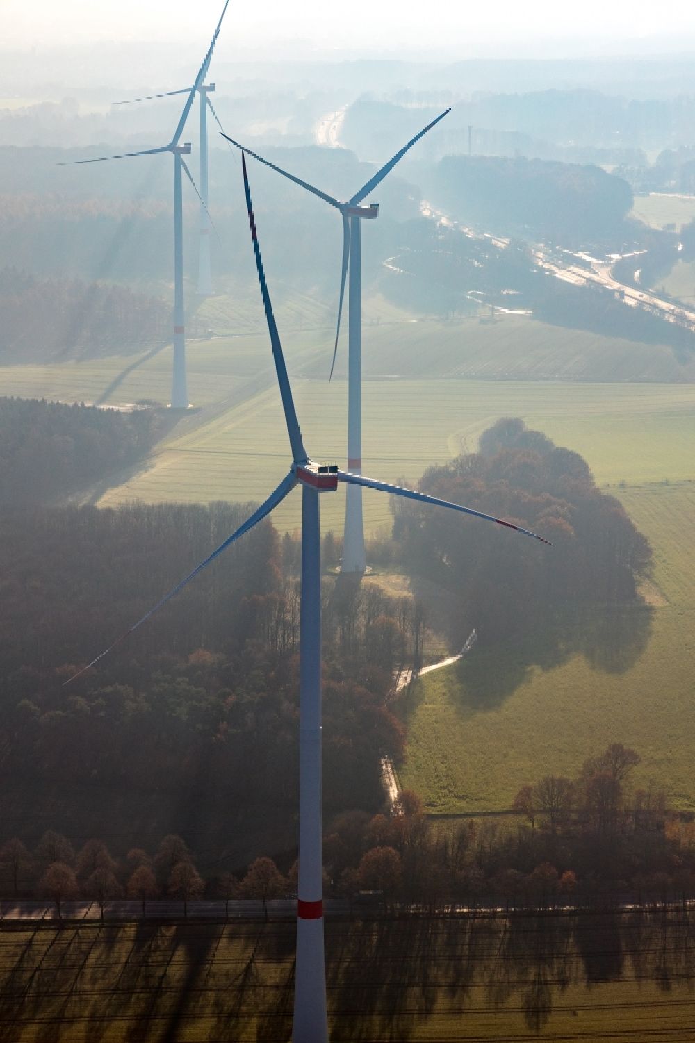 Aerial photograph Lavesum - Wind turbine windmills on a field in Lavesum in the state North Rhine-Westphalia, Germany