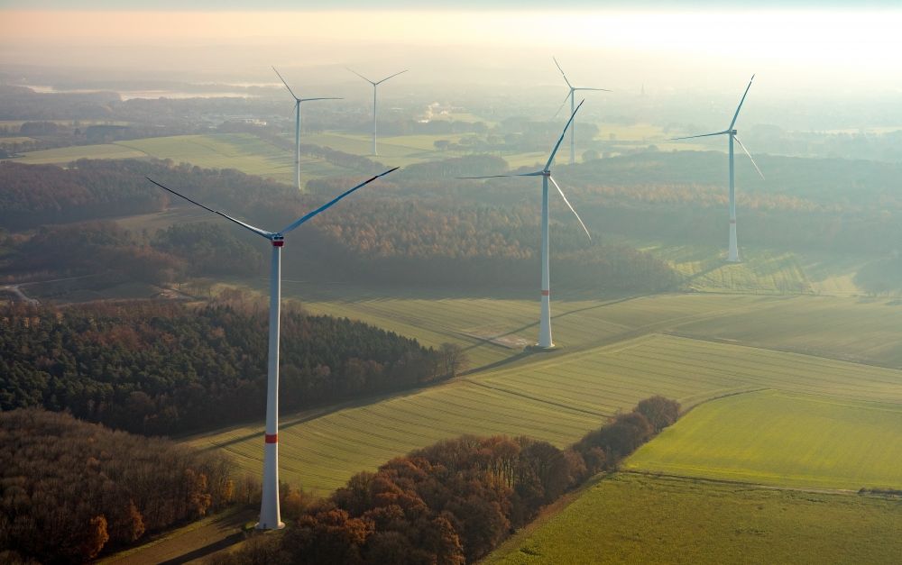 Aerial image Lavesum - Wind turbine windmills on a field in Lavesum in the state North Rhine-Westphalia, Germany
