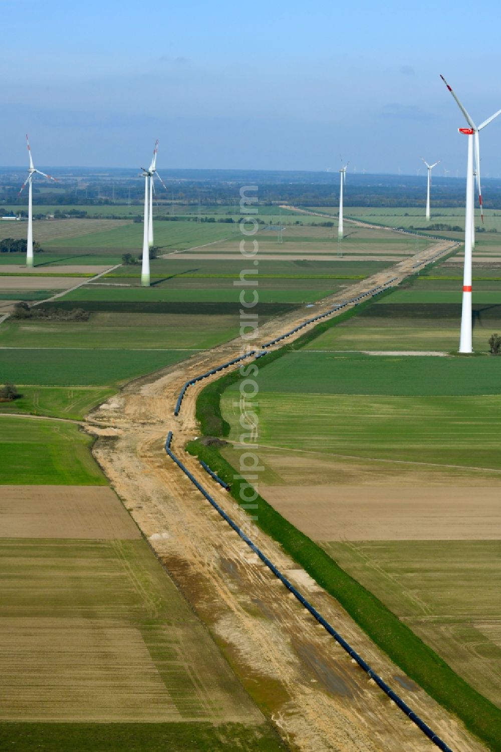 Rehfelde from above - Wind turbine windmills on a field in the district Zinndorf in Rehfelde in the state Brandenburg, Germany