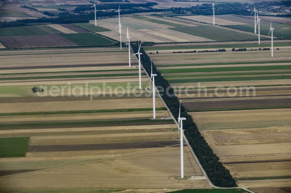 Aerial image Parndorf - Wind turbine windmills on a field in Parndorf in Burgenland, Austria