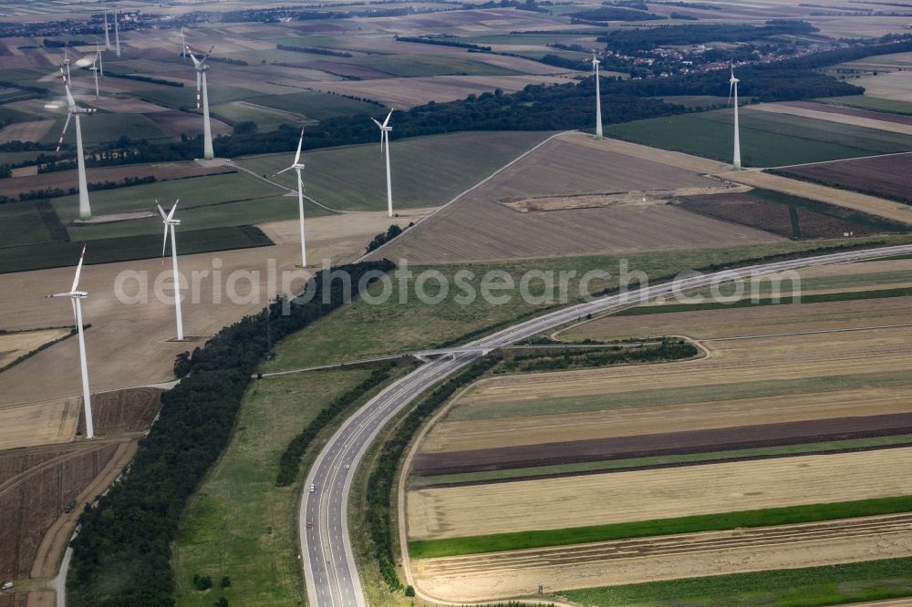 Parndorf from above - Wind turbine windmills on a field in Parndorf in Burgenland, Austria
