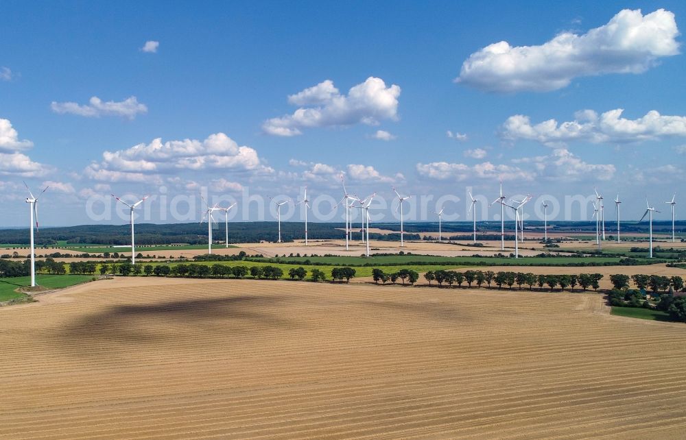 Aerial image Petersdorf - Wind turbine windmills on a field in Petersdorf in the state Brandenburg, Germany