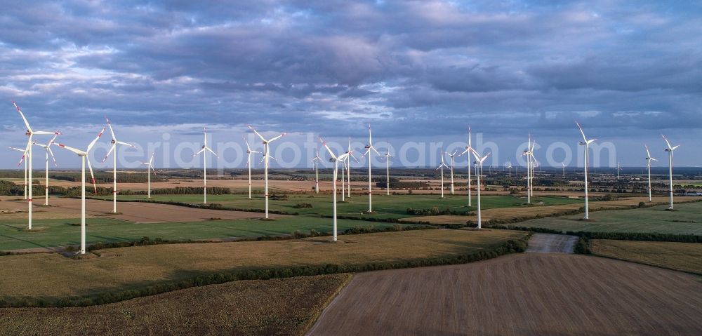 Petersdorf from above - Wind turbine windmills on a field in Petersdorf in the state Brandenburg, Germany