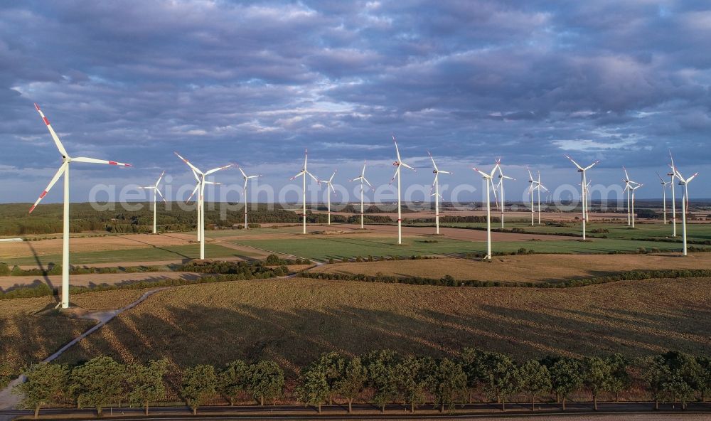 Aerial image Petersdorf - Wind turbine windmills on a field in Petersdorf in the state Brandenburg, Germany