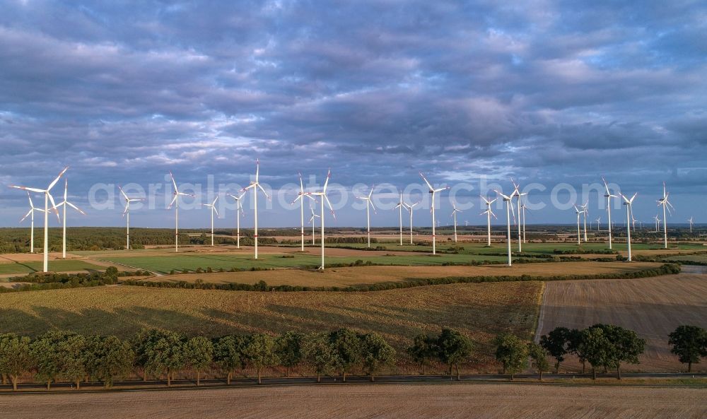 Aerial photograph Petersdorf - Wind turbine windmills on a field in Petersdorf in the state Brandenburg, Germany