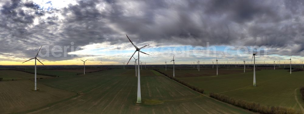 Sankt Andreasberg from the bird's eye view: Wind turbine windmills on a field in Sankt Andreasberg in the state Lower Saxony, Germany