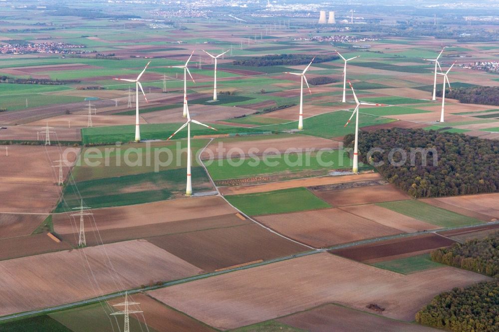 Aerial image Schwanfeld - Wind turbine windmills on a field in Schwanfeld in the state Bavaria, Germany