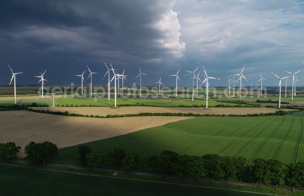 Sieversdorf from above - Wind turbine windmills on a field in Sieversdorf in the state Brandenburg, Germany