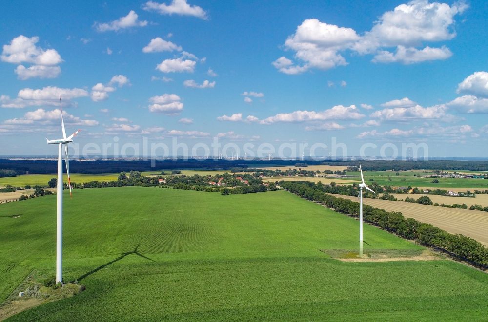 Aerial image Sieversdorf - Wind turbine windmills on a field in Sieversdorf in the state Brandenburg, Germany
