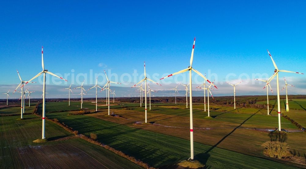Aerial image Sieversdorf - Wind turbine windmills on a field in Sieversdorf in the state Brandenburg, Germany