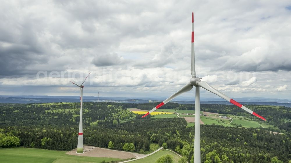Witzlricht from the bird's eye view: Wind turbine windmills on a field in Witzlricht in the state Bavaria, Germany