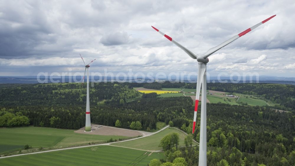 Aerial photograph Witzlricht - Wind turbine windmills on a field in Witzlricht in the state Bavaria, Germany