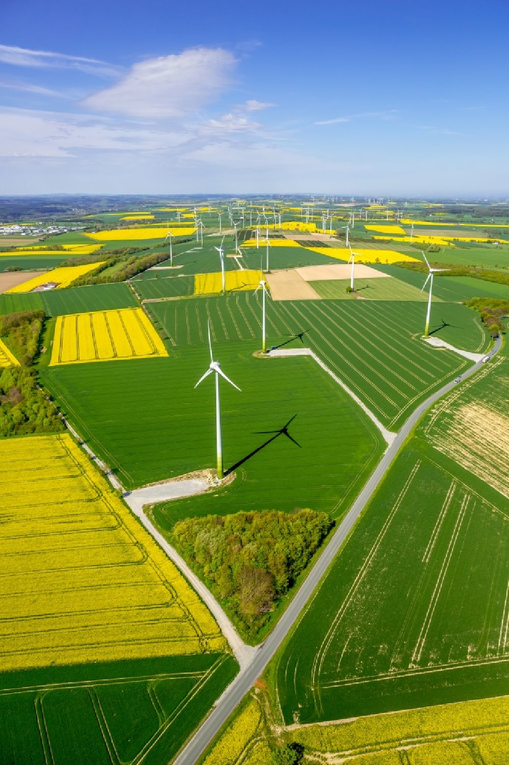 Aerial image Rüthen - Wind turbine windmills on a field in Ruethen in the state North Rhine-Westphalia, Germany