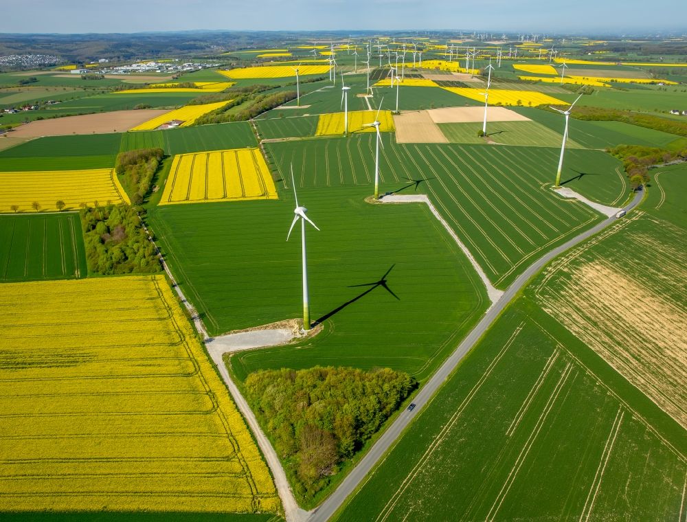 Rüthen from above - Wind turbine windmills on a field in Ruethen in the state North Rhine-Westphalia, Germany
