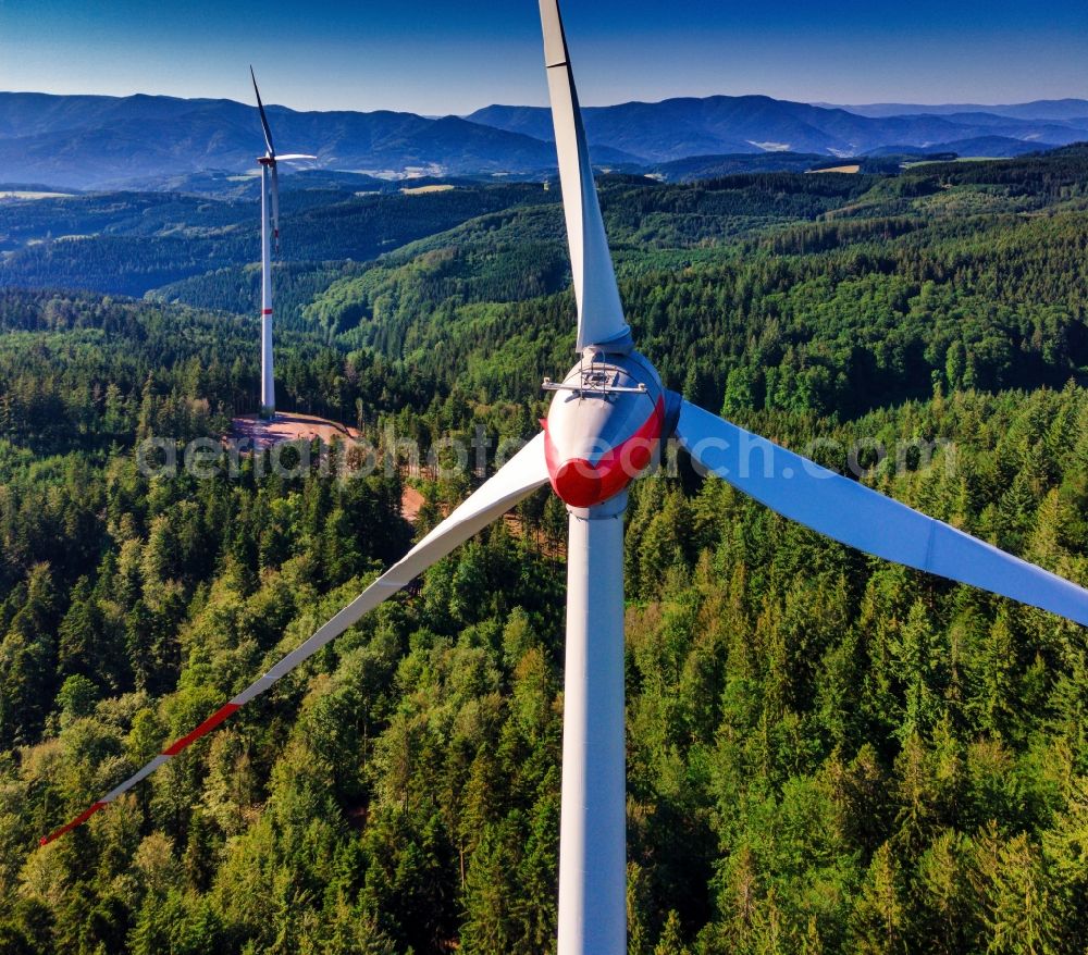 Aerial image Biederbach - Wind turbine windmills (WEA) in a forest area in Biederbach in the state Baden-Wuerttemberg, Germany
