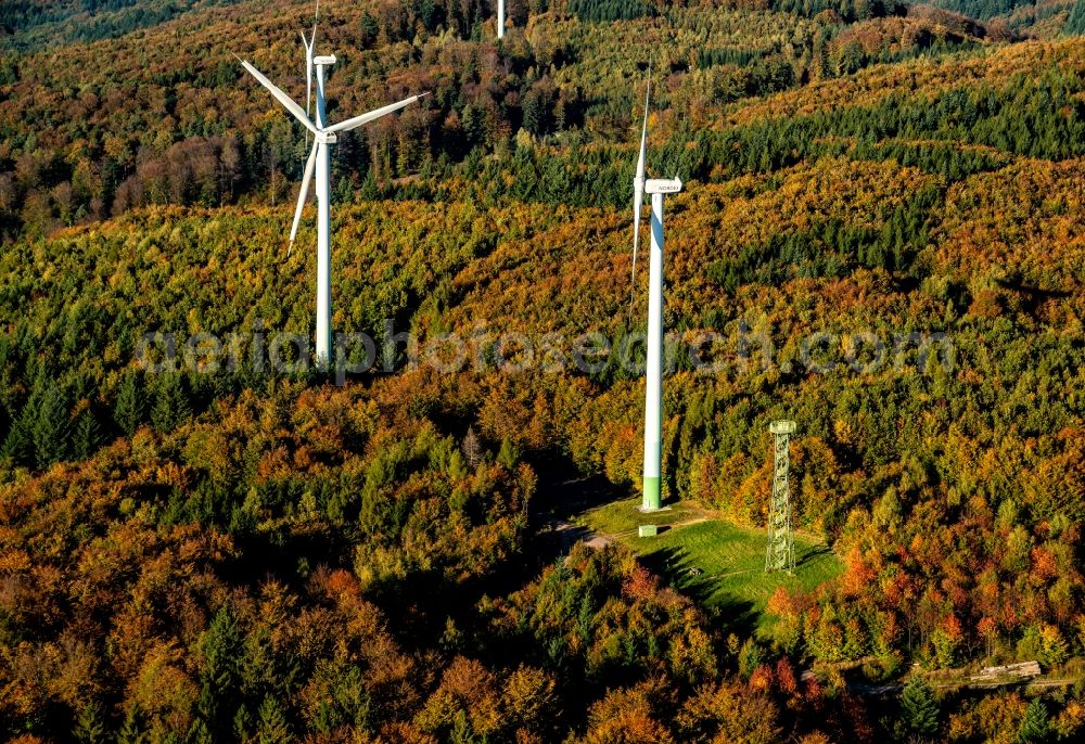 Aerial image Ettenheimmünster - Wind turbine windmills (WEA) in a forest area in Ettenheimmuenster in the state Baden-Wurttemberg, Germany