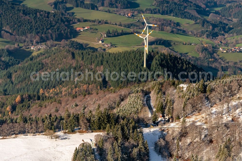 Freiburg im Breisgau from the bird's eye view: Wind turbine windmills (WEA) in a forest area in Freiburg im Breisgau in the state Baden-Wurttemberg, Germany