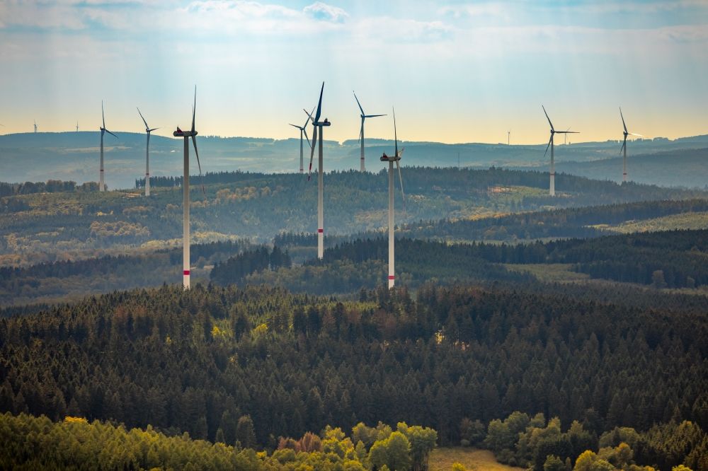 Aerial image Haiger - Wind turbine windmills (WEA) in a forest area in Haiger in the state Hesse, Germany