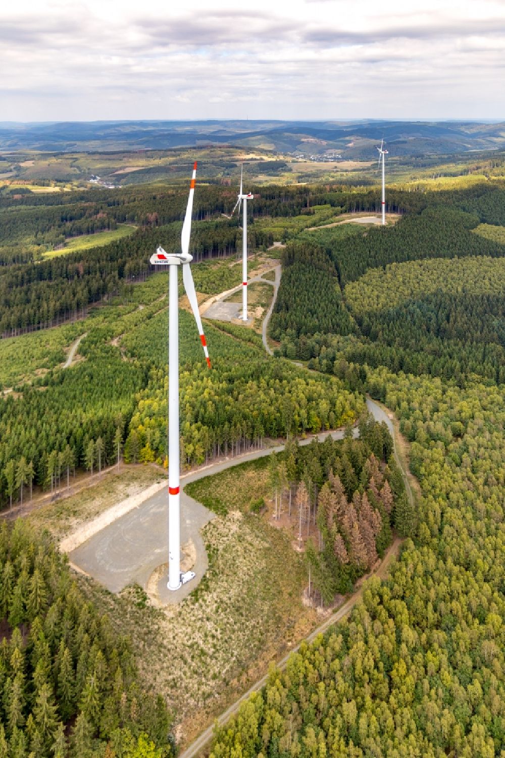 Aerial photograph Haiger - Wind turbine windmills (WEA) in a forest area in Haiger in the state Hesse, Germany