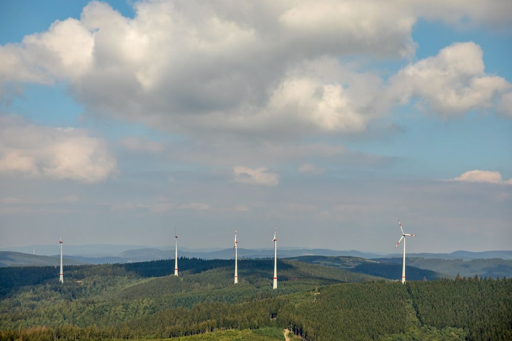 Kreuztal from the bird's eye view: Wind turbine windmills (WEA) in a forest area in Kreuztal in the state North Rhine-Westphalia, Germany