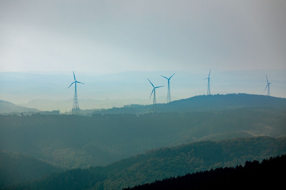 Aerial photograph Kreuztal - Wind turbine windmills (WEA) in a forest area in Kreuztal in the state North Rhine-Westphalia, Germany