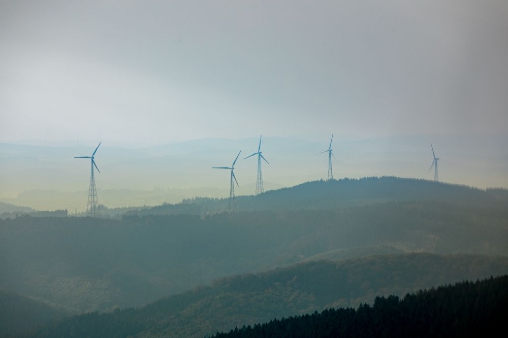 Kreuztal from above - Wind turbine windmills (WEA) in a forest area in Kreuztal in the state North Rhine-Westphalia, Germany