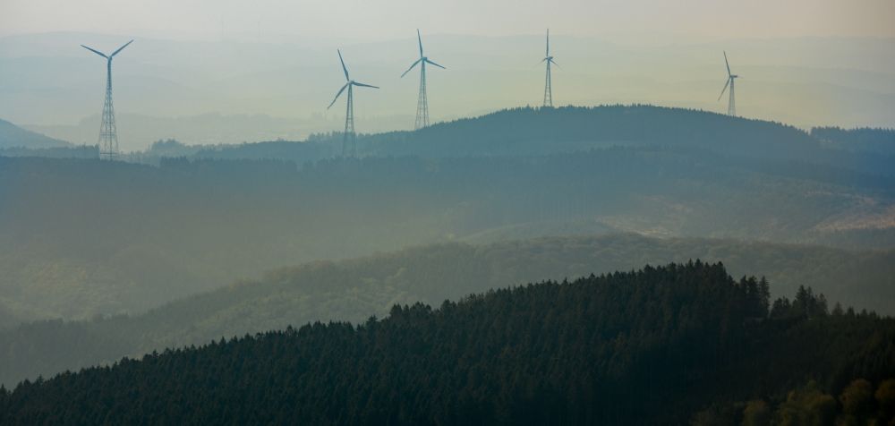 Kreuztal from the bird's eye view: Wind turbine windmills (WEA) in a forest area in Kreuztal in the state North Rhine-Westphalia, Germany