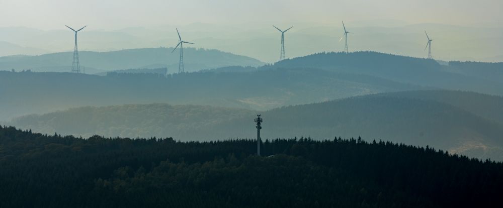 Aerial image Kreuztal - Wind turbine windmills (WEA) in a forest area in Kreuztal in the state North Rhine-Westphalia, Germany