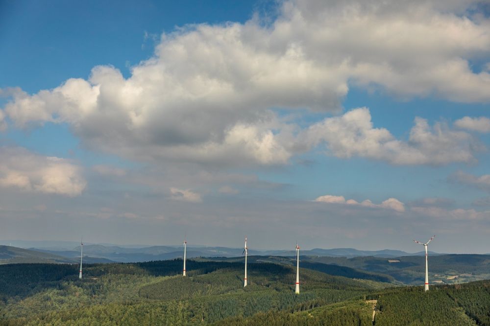 Aerial photograph Kreuztal - Wind turbine windmills (WEA) in a forest area in Kreuztal in the state North Rhine-Westphalia, Germany