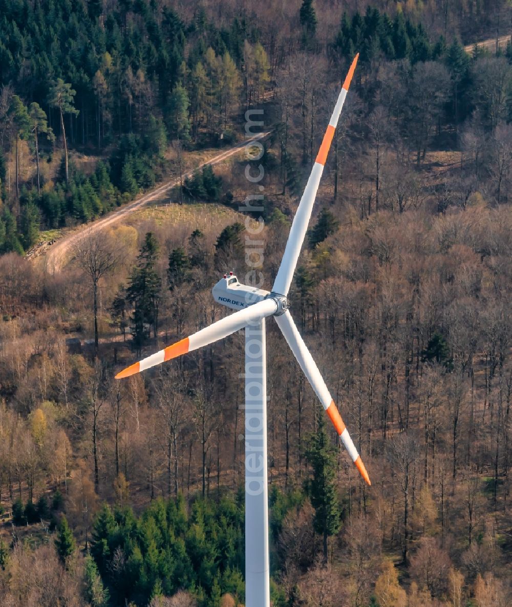 Lahr/Schwarzwald from the bird's eye view: Wind turbine windmills (WEA) in a forest area in Lahr/Schwarzwald in the state Baden-Wuerttemberg, Germany