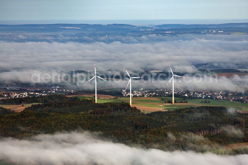 Pöttmes from the bird's eye view: Wind turbine windmills (WEA) in a forest area in Poettmes in the state Bavaria, Germany