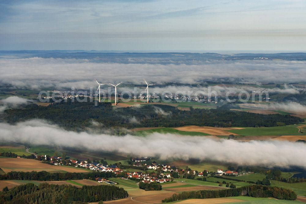 Aerial image Pöttmes - Wind turbine windmills (WEA) in a forest area in Poettmes in the state Bavaria, Germany