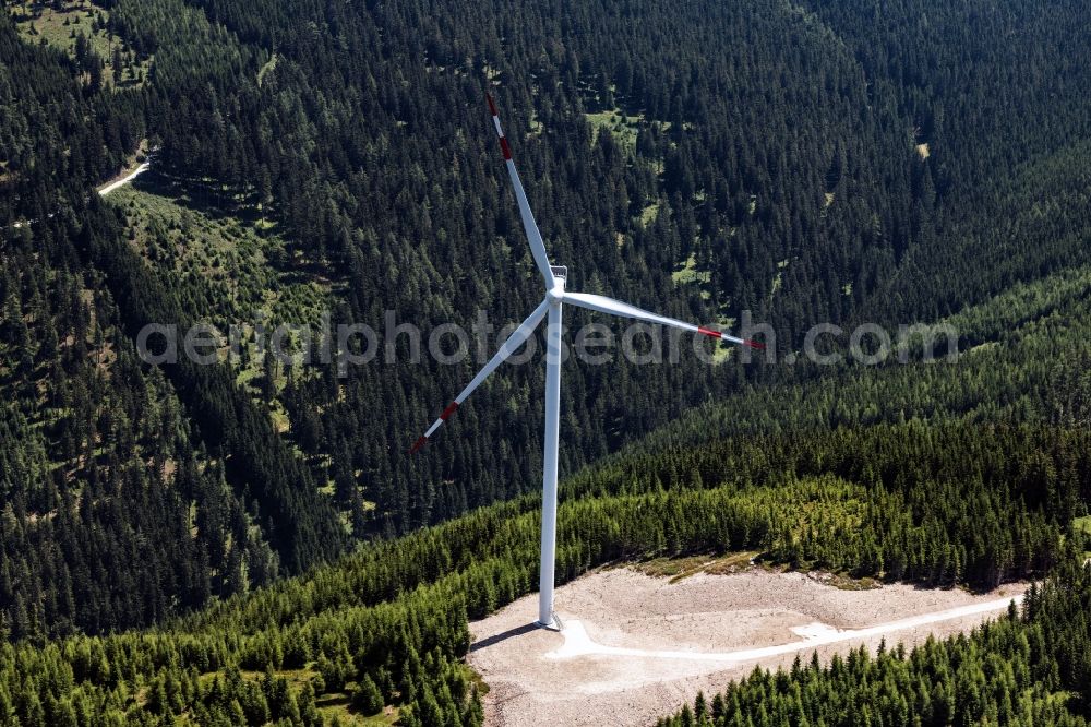 Aerial image Rettenegg - Wind turbine windmills (WEA) in a forest area in Rettenegg in Steiermark, Austria