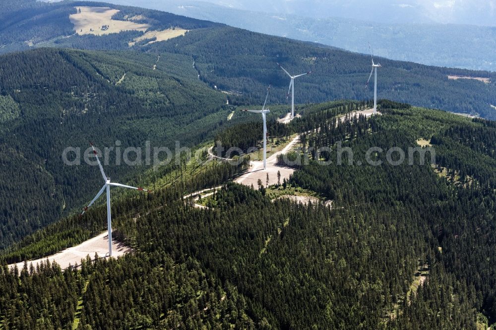 Aerial photograph Rettenegg - Wind turbine windmills (WEA) in a forest area in Rettenegg in Steiermark, Austria