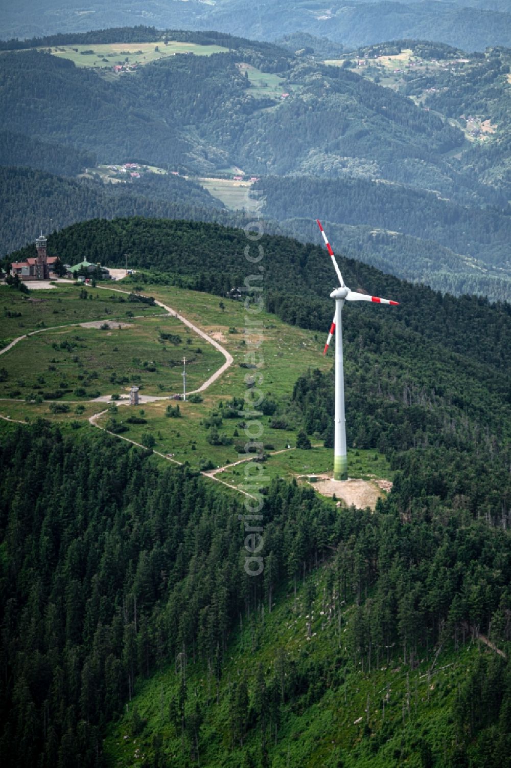 Sasbachwalden from the bird's eye view: Wind turbine windmills (WEA) in a forest area in Sasbachwalden in the state Baden-Wurttemberg, Germany