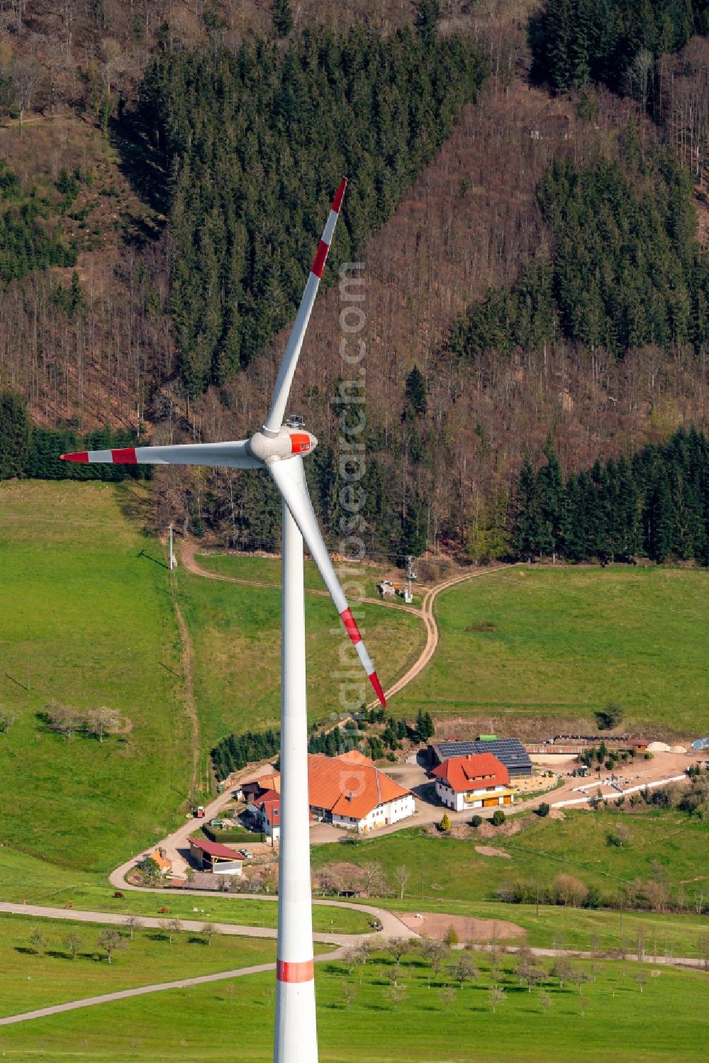 Aerial image Schweighausen - Wind turbine windmills (WEA) in a forest area in Schweighausen in the state Baden-Wuerttemberg, Germany