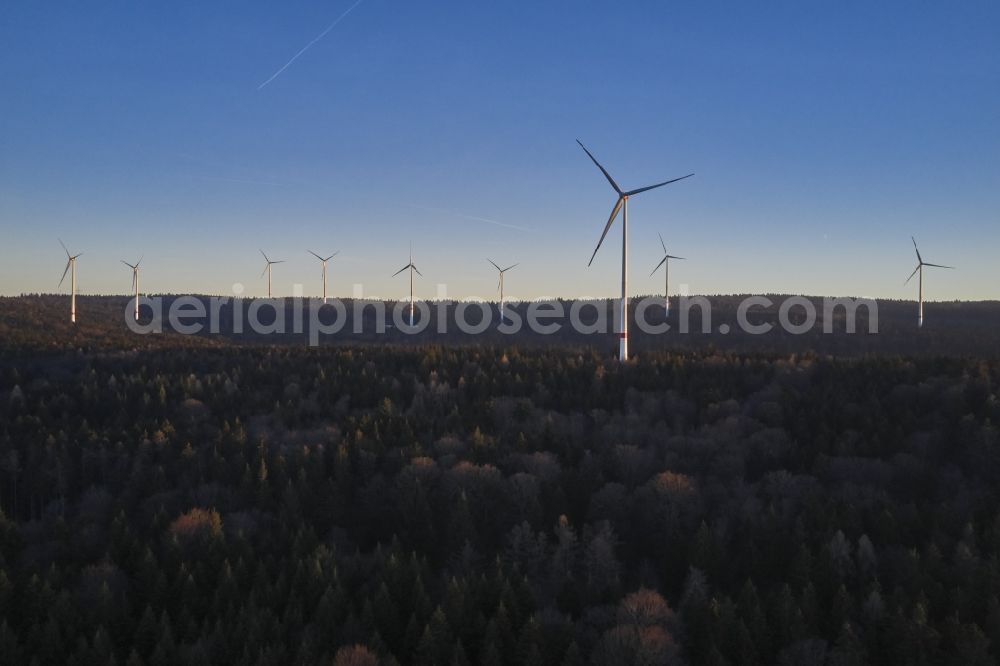 Straubenhardt from above - Wind turbine windmills (WEA) in a forest area in Straubenhardt in the state Baden-Wurttemberg, Germany