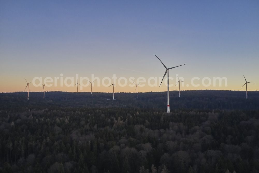 Straubenhardt from the bird's eye view: Wind turbine windmills (WEA) in a forest area in Straubenhardt in the state Baden-Wurttemberg, Germany