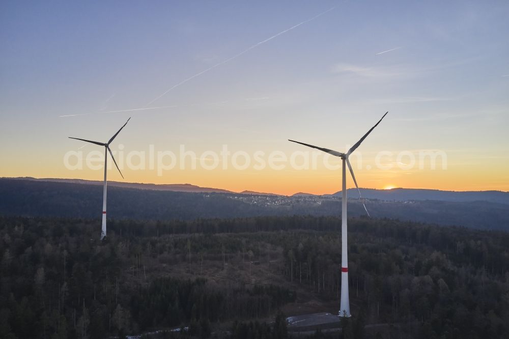 Aerial image Straubenhardt - Wind turbine windmills (WEA) in a forest area in Straubenhardt in the state Baden-Wurttemberg, Germany