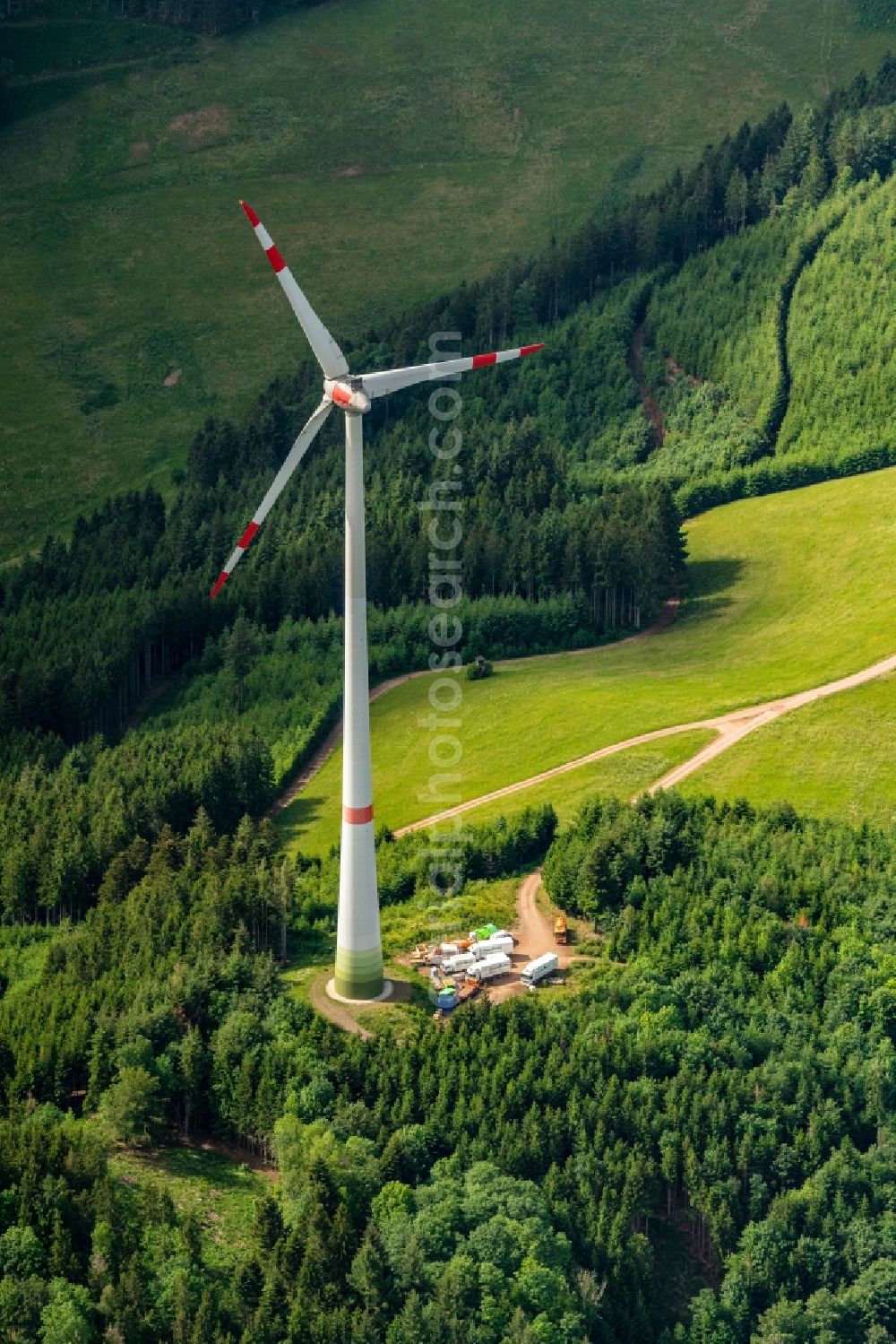 Waldkirch from the bird's eye view: Wind turbine windmills (WEA) in a forest area in Waldkirch in the state Baden-Wuerttemberg, Germany