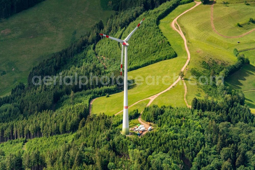 Aerial image Waldkirch - Wind turbine windmills (WEA) in a forest area in Waldkirch in the state Baden-Wuerttemberg, Germany