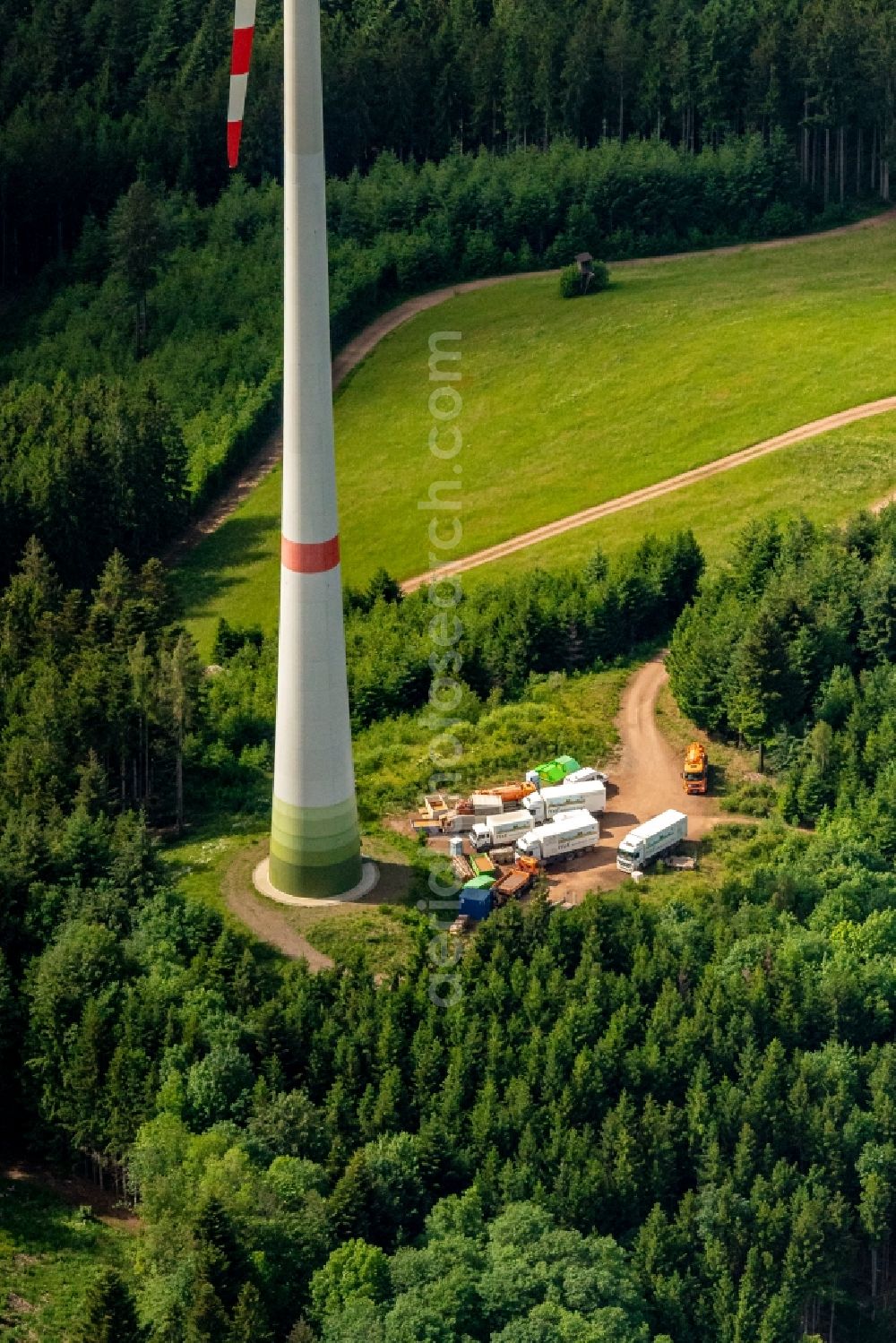 Aerial photograph Waldkirch - Wind turbine windmills (WEA) in a forest area in Waldkirch in the state Baden-Wuerttemberg, Germany